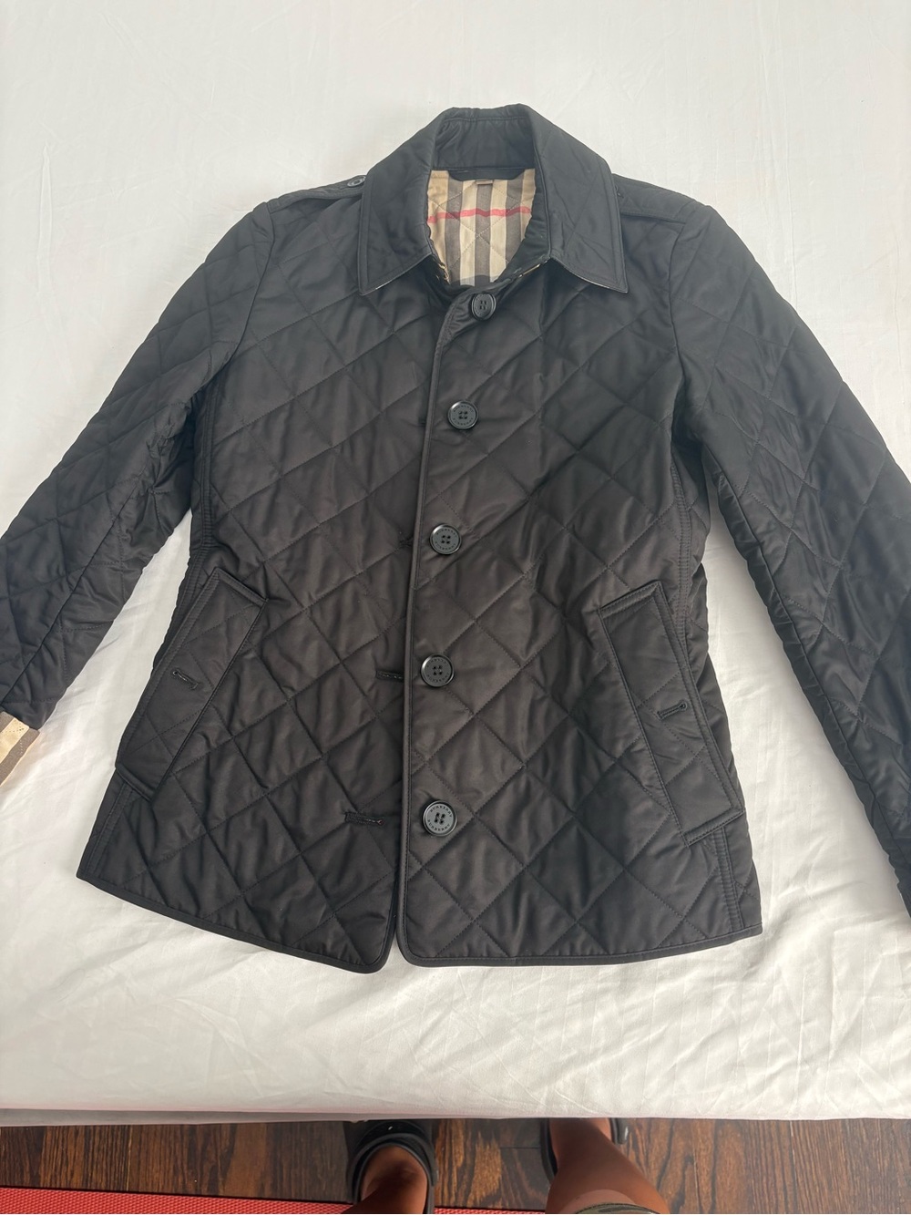 Burberry Black Quilted Button-Front Shirt Jacket with Check Lining